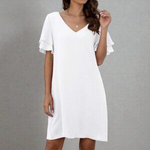 Qixing V-neck short bell sleeves mini shift dress white women's size L